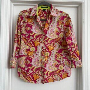 Lauren Ralph Lauren Paisley Cotton Button Up Neon Pink Green Funky Retro Sz M